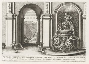 Fontein in een binnenplaats van het Palazzo Doria Pamphilj te Rome Fontanna znajdująca się na dużym dziedzińcu Palazzo Nuovo del Signor prencipe (...) (tytuł na obiekcie) Fontanny w pałacach i ogrodach Rzymu (tytuł serii) Fonteinen in de paleizen en tu autorstwa Giovanni Francesco Venturini