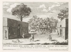 Fontein spotkał adelaar in de tuinen van de Villa Celimontana te Rome Fontanna i piazza del aquila w ogrodzie pana księcia Mattei (...) (tytuł na obiekcie) Fontanny w pałacach i ogrodach Rzymu (tytuł serii) Fonteinen in de paleizen en tuinen van R autorstwa Giovanni Francesco Venturini