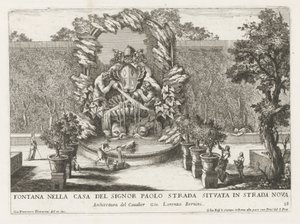 Fontanna z herbem papieskim, dwoma trytonami i delfinami Fontana nella casa del signor Paolo strada situata in strada nova (tytuł na obiekcie) Le fontane ne palazzi e ne giardini di Roma (tytuł serii) Fontanny w pałacach i ogrodach Rzymu ( autorstwa Giovanni Francesco Venturini