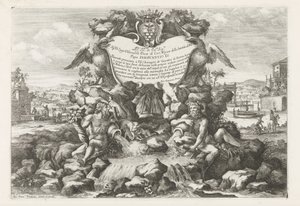 Fontanna z dedykacją i herbem Livio Odescalchi Le fontane ne palazzi e ne giardini di Roma (tytuł serii) Fontanny w pałacach i ogrodach Rzymu (tytuł serii) autorstwa Giovanni Francesco Venturini
