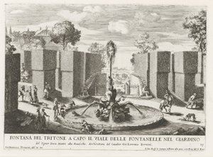 Fontein spotkał Tritona w de tuinen van de Villa Celimontana te Rome Fontanna Trytona na czele alei fontann w ogrodzie (...) (tytuł na obiekcie) Fontanny w pałacach i ogrodach Rzymu (tytuł serii) Fonteinen in de paleizen en tuinen van autorstwa Giovanni Francesco Venturini