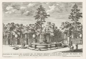 Fontein van Narcissus in de Villa Borghese w Rzymie Fontanna Narcyza w ogrodzie Pana Księcia Borghese (...) (tytuł na obiekcie) Fontanny w pałacach i ogrodach Rzymu (tytuł serii) Fonteinen in de paleizen en tuinen van Rome (tytuł serii) autorstwa Giovanni Francesco Venturini