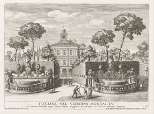 Fonteinen in de tuinen van de Villa Montalto Negroni te Rome Fontanna w ogrodzie Montalto (...) (tytuł na obiekcie) Fontanny w pałacach i ogrodach Rzymu (tytuł serii) Fonteinen in de paleizen en tuinen van Rome (tytuł serii) autorstwa Giovanni Francesco Venturini