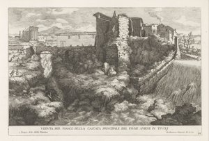 Landschap met waterval en tempel van de Tiburtijnse Sibille t i Tivoli Widok z boku na główny wodospad rzeki Aniene w Tivoli (tytuł na obiekcie) Fontanny ogrodu Estense w Tivoli (tytuł serii) Fonteinen in de tuinen van Villa d