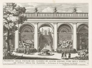 Tuin van een paleis te Rome Prospekt fontann w ogrodzie panów Boromei (...) (tytuł na obiekcie) Fontanny w pałacach i ogrodach Rzymu (tytuł serii) Fonteinen in de paleizen en tuinen van Rome (tytuł serii) autorstwa Giovanni Francesco Venturini