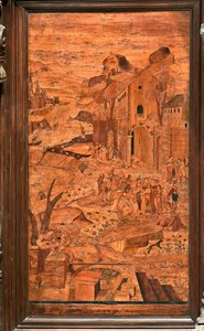 Genua, Duomo (katedra św. Wawrzyńca), wnętrze, absyda, chór, strona północna: „Mojżesz uratowany z wód”, intarsja drewniana Giovanniego Francesco Zambelli (XVI w.) autorstwa Giovanni Francesco Zambelli