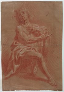 Rysunek przedstawiający klęczącego mężczyznę na obrazie Adoracja pasterzy, 1601-1650 autorstwa Giovanni Giacomo Barbelli