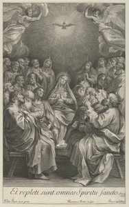 Dziewica z apostołami patrząca w górę w kierunku Świętej Gołębicy i dwóch aniołów, według Reni, 1700-50. autorstwa Giovanni Girolamo Frezza