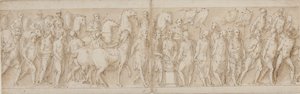 Pojmane kobiety są zabierane (koniec LXXIII); parada ratowników (LXXIV); Marcus Aurelius składa ofiary na ołtarzu (LXXV); Marek Aureliusz ogląda atak (początek LXXVI) autorstwa Giovanni Guerra
