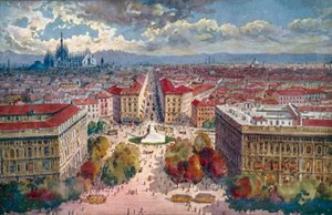 Milano / Mediolan: Panorama z zamku (kolorowa litografia)