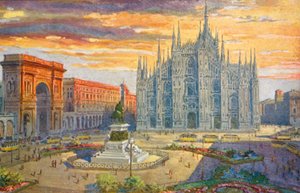 Milano / Mediolan: Piazza del Duomo (kolorowa litografia)