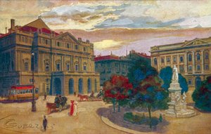 Milano / Mediolan: Piazza i Teatro della Scala (kolorowa litografia)