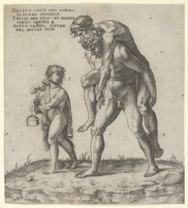 Eneasz ratujący Anchisesa, młodego chłopca niosącego po lewej stronie latarnię, ok. godz. 1525 r., ok. 1525 r. 1525. autorstwa Giovanni Jacopo Caraglio