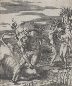 Herkules pokonujący boga rzeki Acheloosa w postaci byka, z trzema kobietami t..., ca. 1526-27.