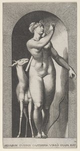 Obrazek 12: Diana stojąca w niszy, skręcająca się w lewo i wyciągająca strzałę z ć..., 1526. autorstwa Giovanni Jacopo Caraglio