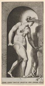 Ilustracja 14: Ceres w niszy, zwrócona w prawo, stojąca nad dwugłowym wężem i trzymająca h..., 1526. autorstwa Giovanni Jacopo Caraglio