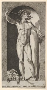 Tablica 14: Merkury stojący w niszy grający na swoich piszczałach, z odciętą głową starego m..., 1526. autorstwa Giovanni Jacopo Caraglio
