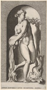 Ilustracja 6: Thetis stojąca w niszy z muszlą i morskim stworzeniem, wylewa wodę z ..., 1526. autorstwa Giovanni Jacopo Caraglio