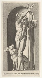 Ilustracja 7: Pluton w niszy, trzymający bident, a obok niego Cerber, z serii m..., 1526. autorstwa Giovanni Jacopo Caraglio