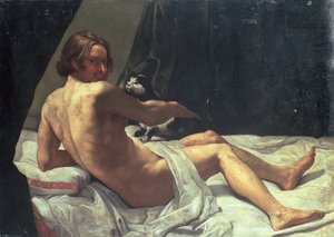 Młody mężczyzna leżący na łóżku z kotem, 1620