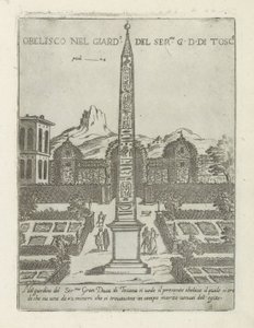 Egipski obelisk w ogrodzie Willi Medici w Rzymie Obelisco nel giard.o del ser.mo G. D. Di Tosc.a (tytuł obiektu) Nowoczesne i starożytne zabytki i budynki w Rzymie (tytuł serii) Ornamenti di fabriche antichi et moderni dell