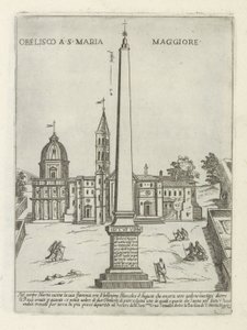 Obelisk voor de Santa Maria Maggiore Obelisk w S. Maria Maggiore (tytuł na obiekcie) Moderne en antieke monumenten en bouwwerken w Rzymie (tytuł serii) Ozdoby starożytnych i współczesnych budowli miasta Alma w Rzymie (tytuł serii) autorstwa Giovanni Maggi