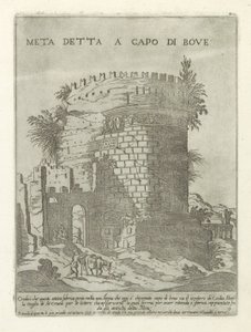 Tombe van Caecilia Metella w Rzymie Meta powiedział na czele wołu (tytuł na obiekcie) Moderne en antieke monumenten en bouwwerken w Rzymie (tytuł serii) Ozdoby starożytnych i współczesnych budowli miasta Alma w Rzymie (tytuł serii) autorstwa Giovanni Maggi