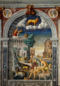 Znak zodiaku: „Byk”” Na wierzchu medaliony z portretami Tybera i Kaliguli. Poniżej legenda związana z narodzinami konstelacji odpowiadającej znakowi: bóg Pan grający na flecie. Po lewej koza kładzie małą. b