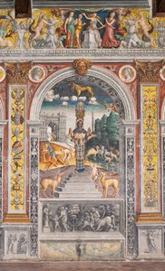 Znak zodiaku Lwa z Dianą, dwoma jeleniami i satyrem jak na sarkofagu w Pałacu Bleinhaim; w tle Arco degli Argentari w Rzymie i Herkules walczący z lwem nemejskiej, Komnata Zodiaku (Camera dello Zodiaco)