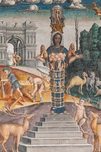 Znak zodiaku Leona z Dianą, dwoma jeleniami i satyrem jak na sarkofagu w Pałacu Bleinhaim; w tle Arco degli Argentari w Rzymie i Herkules walczący z lwem nemeńskim, Komnata Zodiaku (Camera dello Zodiaco), fragment