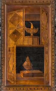 Chór kanoniczny Lignei, inkrustowany przez Giovanniego Marię Platinę 1484, Superior Stall autorstwa Giovanni Maria Platina