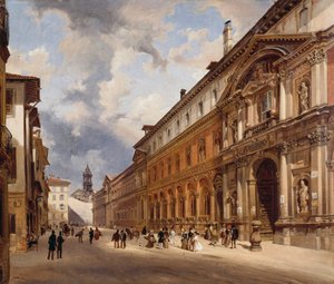 Widok Ospedale Maggiore (duży szpital) w Mediolanie, autorstwa Giovanniego Migliary (1785-1837), olej na płótnie, 34x40 cm
