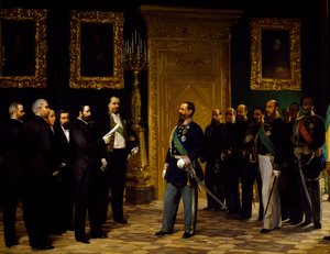 Aneksja Włoch przedstawiona Wiktorowi Emmanuelowi II przez delegatów toskańskich, autorstwa Giovanniego Mochi (1829-1892), Epoka zjednoczenia, Włochy
