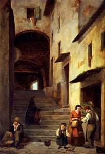 Widok ulicy w Sestri Levante, Riwiera Genui, ok. 1863, autorstwa Giovanniego Mochi (1829-1893), olej na płótnie, 40x30 cm.
