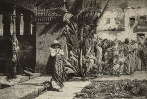 Magdalena, kobieta w turbanie i procesja w wiosce na Bliskim Wschodzie, rycina braci Cantagalli z obrazu Giovanniego Muzzioli (1854-1894), Modena, Włochy, z L