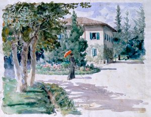 Czerwony parasol Giovanniego Muzzioli (1854-1894), akwarela na jasnym papierze, 305x392 mm