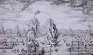 Fajerwerki z okazji narodzin delfina (syna Ludwika XV) grawerowane przez Jeana Dumonta (Le Romain) (1701-81) 1730 (akwaforta) autorstwa Giovanni Niccolo (after) Servandoni