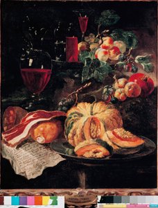 Martwa natura Dynia, bekon, szynka, brzoskwinie i wino. Obraz Giovan Paolo Castelli dit Lo Spadino (1659-1730) 1703 Rzym, Muzeum Conservatori capitolini autorstwa Giovanni Paolo Castelli
