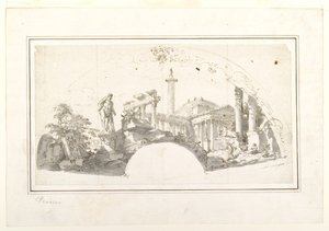 Projekt dla fana: Capriccio z rzymskimi ruinami i Herkulesem z Farnese autorstwa Giovanni Paolo Panini