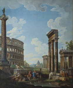 Capriccio z figurami wśród rzymskich ruin, w tym Łuku Konstantyna i Panteonu autorstwa Giovanni Paolo Pannini
