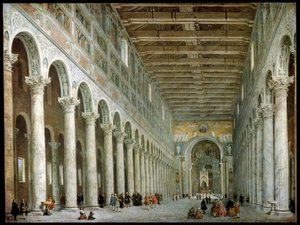 Wnętrze bazyliki św. Pawła za Murami w Rzymie, ok. 1750 autorstwa Giovanni Paolo Pannini