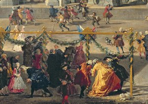 Przygotowania do pokazu fajerwerków na Piazza Navona w Rzymie z okazji narodzin delfina, 1729 (detal z 91023) autorstwa Giovanni Paolo Pannini