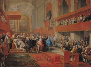 Wręczenie Orderu Ducha Świętego księciu Vaini przez Paula-Hippolyte de Beauvillers (1684-1776) księcia Saint-Aignan w 1732 r., c.1752 autorstwa Giovanni Paolo Pannini
