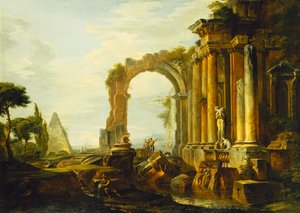 Capriccio klasycznych ruin z piramidą Cestiusza i postaciami w krajobrazie, autorstwa Giovanni Paolo Pannini