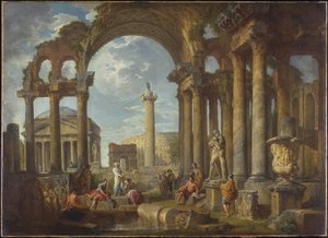 Kaprys rzymskich ruin z Panteonem, ok. 1755 autorstwa Giovanni Paolo Pannini