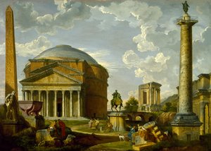 Fantastyczny widok z Panteonem i innymi zabytkami starożytnego Rzymu autorstwa Giovanni Paolo Pannini