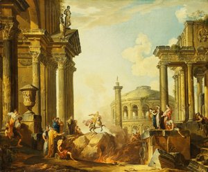 Marcus Curtius skaczący w przepaść, Capriccio z kolumną Trajana i innymi klasycznymi budynkami za nimi, autorstwa Giovanni Paolo Pannini