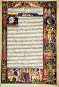 Grenville MS 7251 Frontyspis luksusowej kopii „Sforziady lub życia Francesco Sforzy”, wykonany dla Ludovico Sforzy, włoskie tłumaczenie łacińskiego oryginału napisane przez Giovanniego Simonettę autorstwa Giovanni Pietro Birago