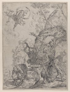Kuźnia Wulkana z kowalami uderzającymi młotami w kowadło..., 1640-59.