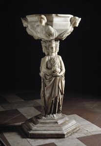 Kropielnica z filarem ozdobionym trzema cnotami teologicznymi i miską ozdobioną popiersiami czterech cnót kardynalnych, XIII w. (rzeźba) autorstwa Giovanni Pisano
